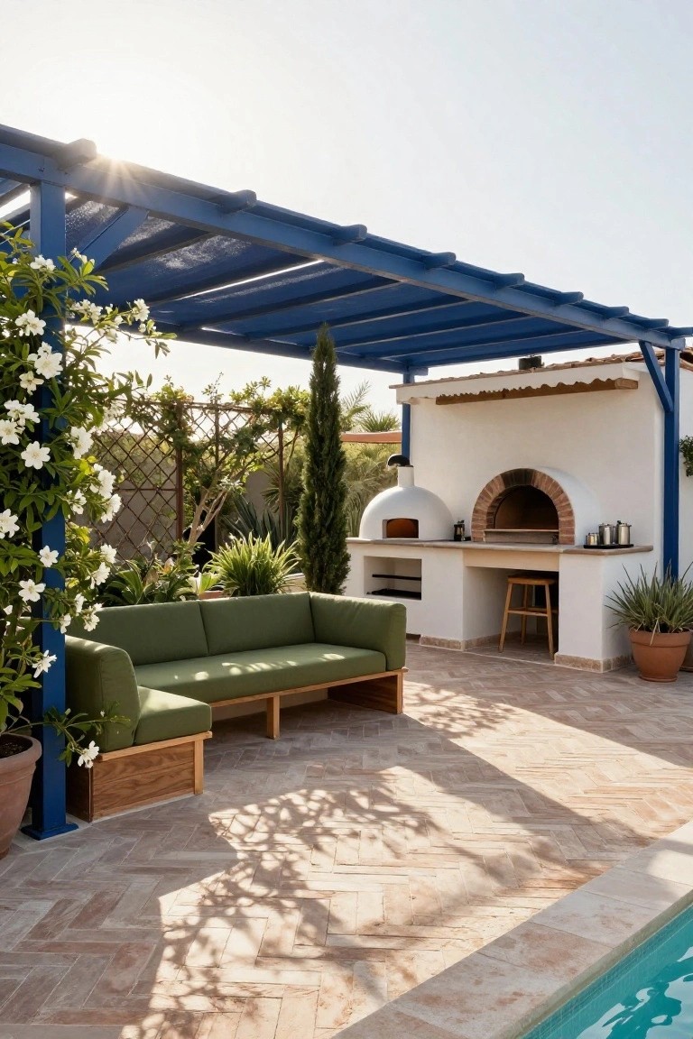 A pool deck paved in herringbone terracotta tiles with a green modular sofa, potted plants, and a white stucco outdoor kitchen including a brick arched oven, white domed pizza oven, counters, and stool under a blue metal pergola next to a swimming pool.