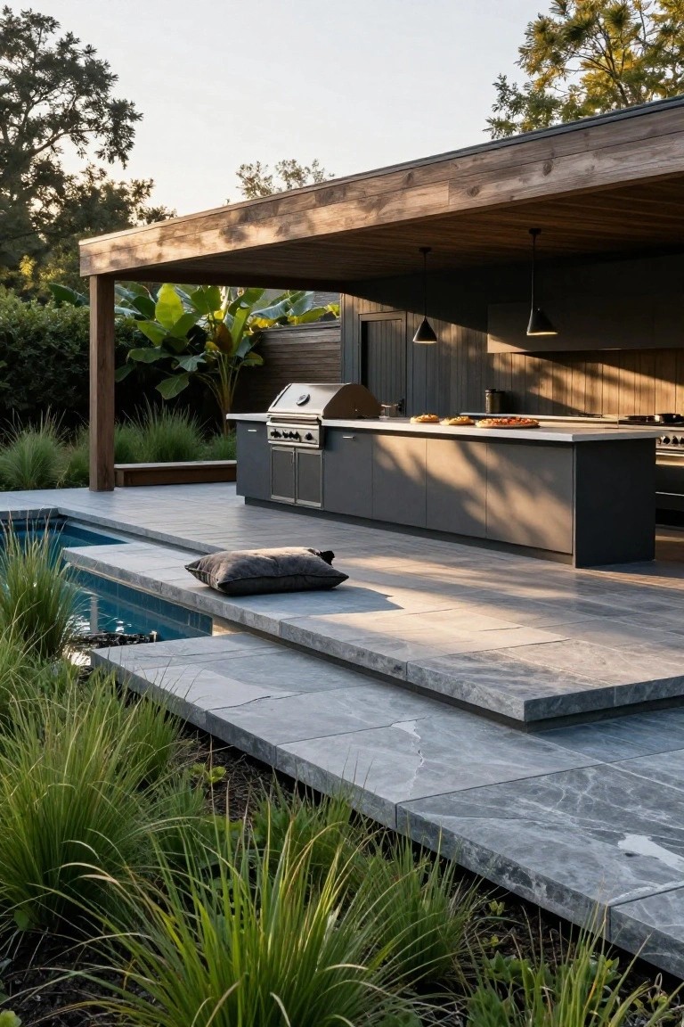 Modern outdoor kitchen featuring dark gray cabinets, stainless steel grill, and countertop on a gray tiled deck next to a rectangular pool with steps, surrounded by tall grasses and plants under a wooden pergola with pendant lights.