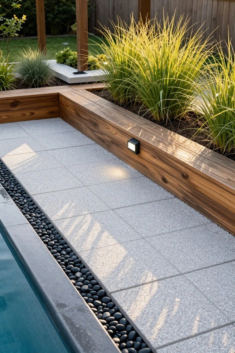 Pool deck with light gray pavers next to a blue swimming pool edged by black pebbles, wooden raised planters filled with grasses, and a small outdoor light.