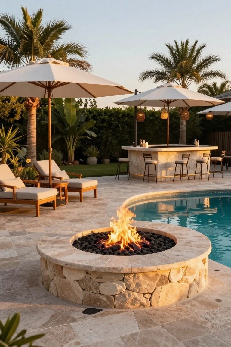 Circular stacked stone fire pit with gas flames and lava rocks built into the curved edge of a turquoise swimming pool on a light travertine tile deck, with lounge chairs, bar stools, umbrellas, and palm trees nearby.
