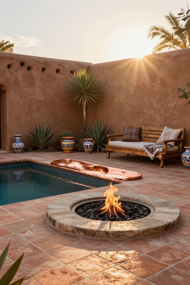 Outdoor pool deck with terracotta tiles, circular stone fire pit burning with flames, small lap pool, wooden bench with cushions and throw, potted plants, and adobe walls under sunset sky.