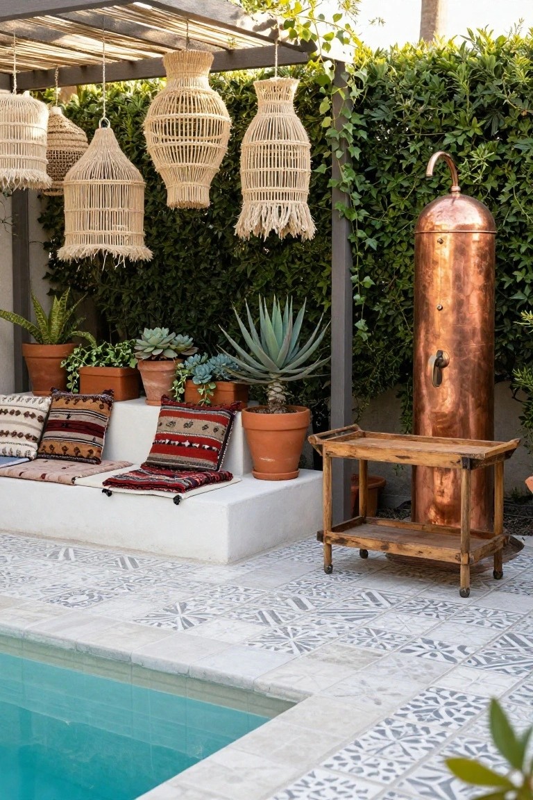 Pool deck with white raised platform holding colorful woven cushions, rugs, and pillows, potted succulents in terracotta pots, hanging rattan lanterns from pergola, tall copper tub with spigot, wooden cart, tiled flooring, and edge of turquoise pool against green hedge backdrop.