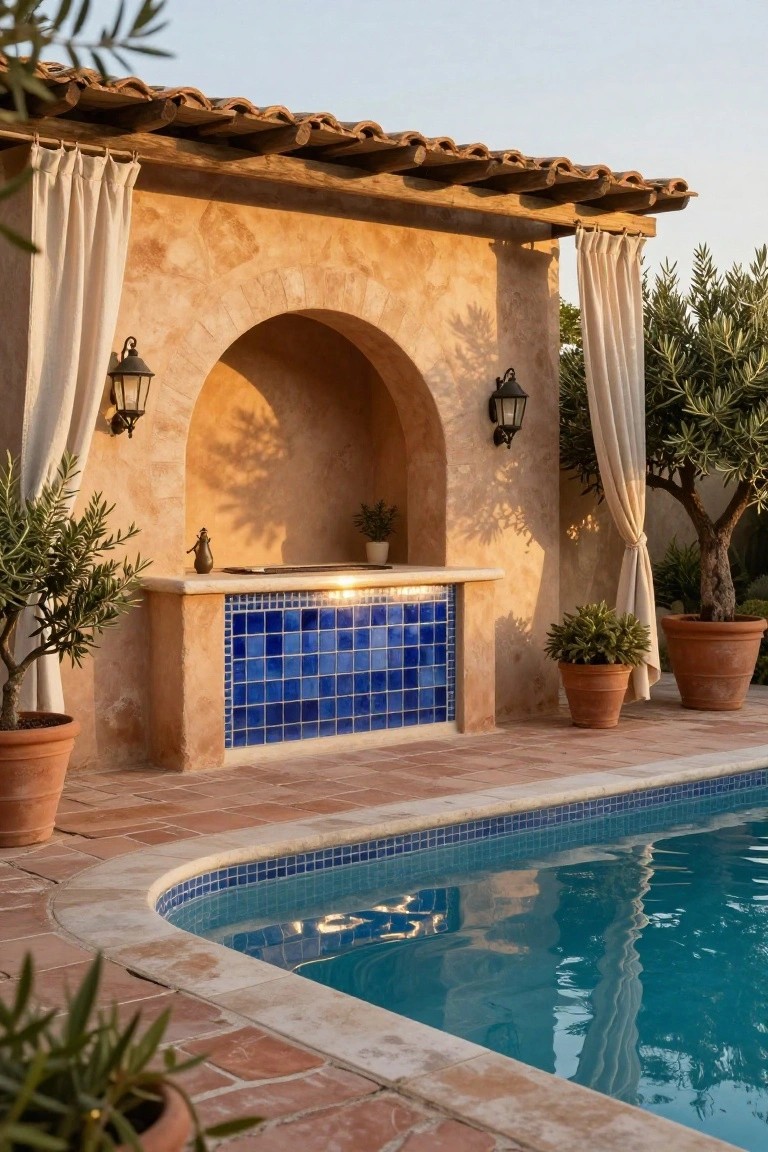 Pool deck with terracotta tiles curving around a blue-tiled built-in bar counter under a wooden pergola draped in beige curtains, flanked by olive trees in clay pots.