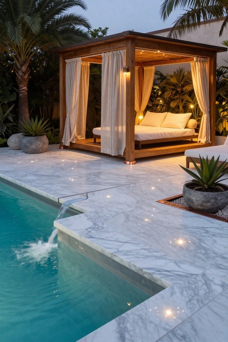 Wooden open-air cabana with beige draped curtains enclosing a low white bed next to a turquoise pool on a white marble deck with potted plants palm trees and underwater lights.