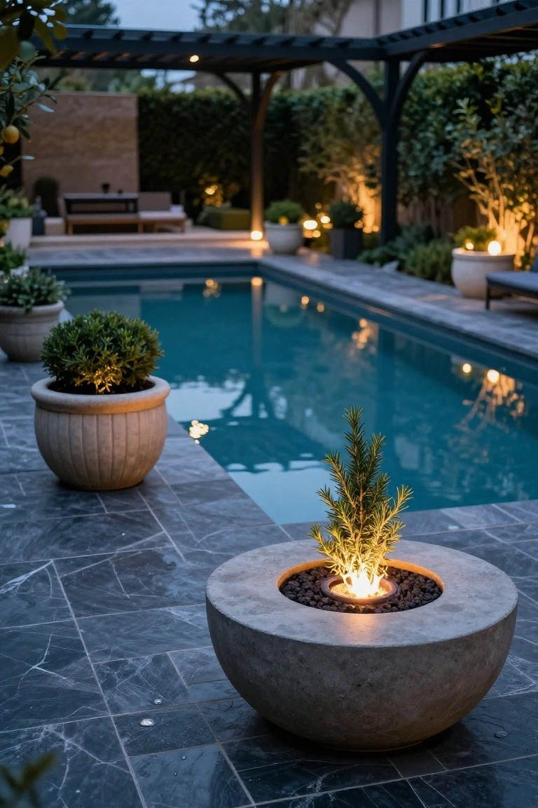 Round concrete fire pit bowl filled with lava rocks and flames on a dark gray marble-tiled pool deck next to a glowing blue swimming pool, with potted plants and uplighting nearby.