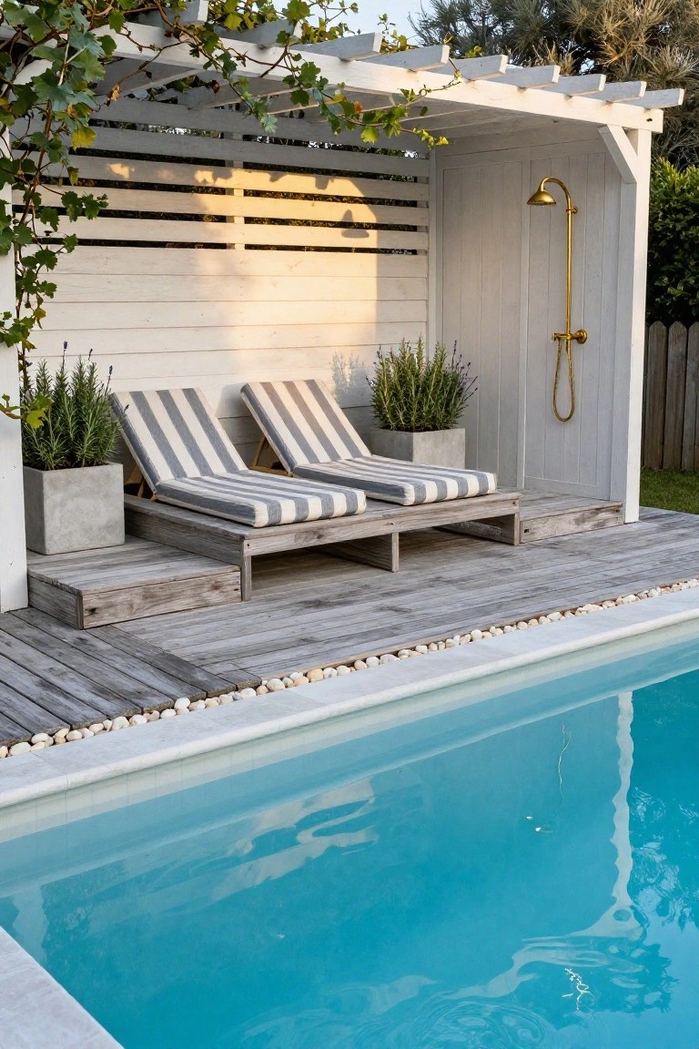 White wooden pergola enclosure with gold outdoor shower head next to two striped lounge chairs on a weathered wood deck beside a turquoise pool, with potted plants and pebbles.