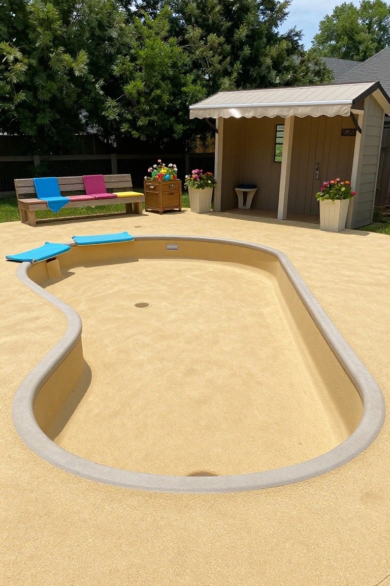 Kidney-shaped inground pool with beige rubberized textured decking, blue cushions on edges, colorful benches nearby, potted flowers, and a small beige outdoor shelter.