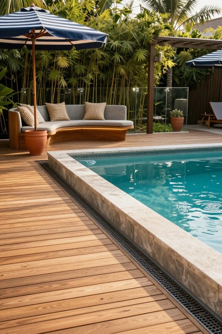 Wooden decking flush to a turquoise rectangular pool with light stone coping and perimeter drainage grate, next to a curved gray sofa with beige pillows, potted plants, tropical greenery, and blue umbrellas.