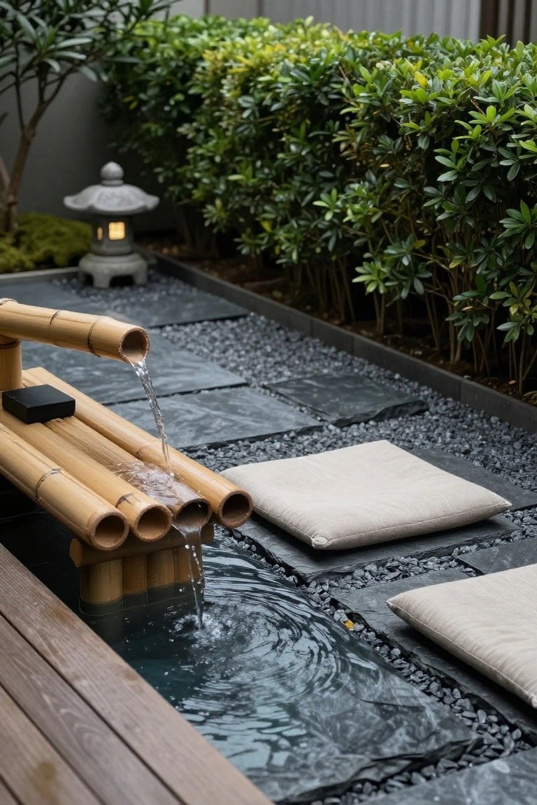Japanese-style bamboo fountain with multiple tubes pouring water into a small basin on a black stone pool deck edged in wood, flanked by beige cushions, gravel, and surrounded by hedges and a stone lantern.