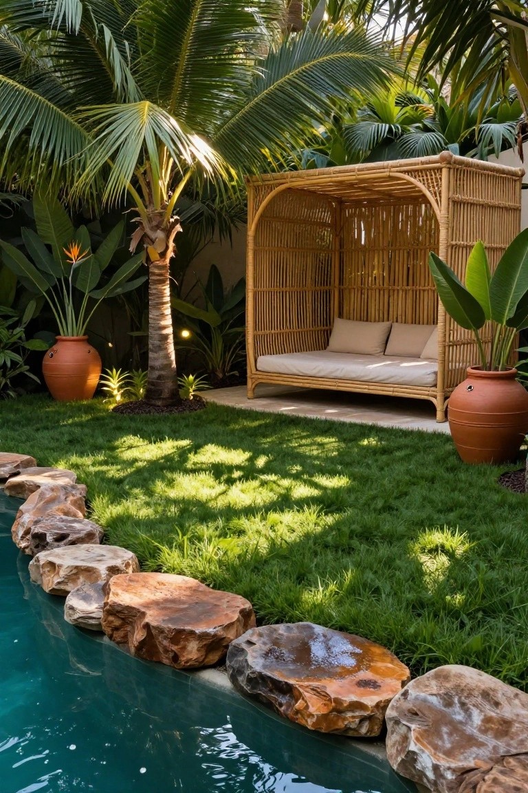 Turquoise swimming pool edged with large irregular natural boulders adjacent to green turf lawn, with a woven rattan cabana daybed, tropical plants, palm trees, and terracotta pots in a lush garden setting.