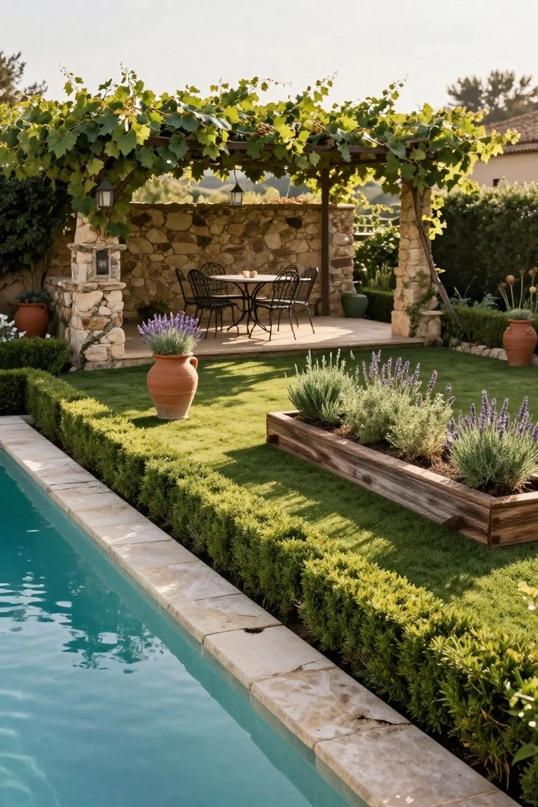 Turquoise pool with light stone coping along one side, bordered by low boxwood hedges and green turf lawn, wooden raised planter box filled with lavender and silver plants, terracotta pots, and grapevine-covered pergola structure in the background.