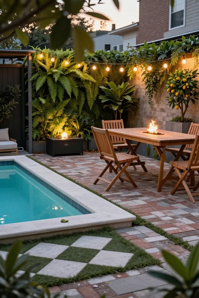 Backyard pool edged with white tile and brick pavers featuring checkered inserts of turf and light stone slabs, adjacent to a wooden dining table with built-in fire pit, wooden chairs, potted plants, ferns, string lights, and a lemon tree against a fence.
