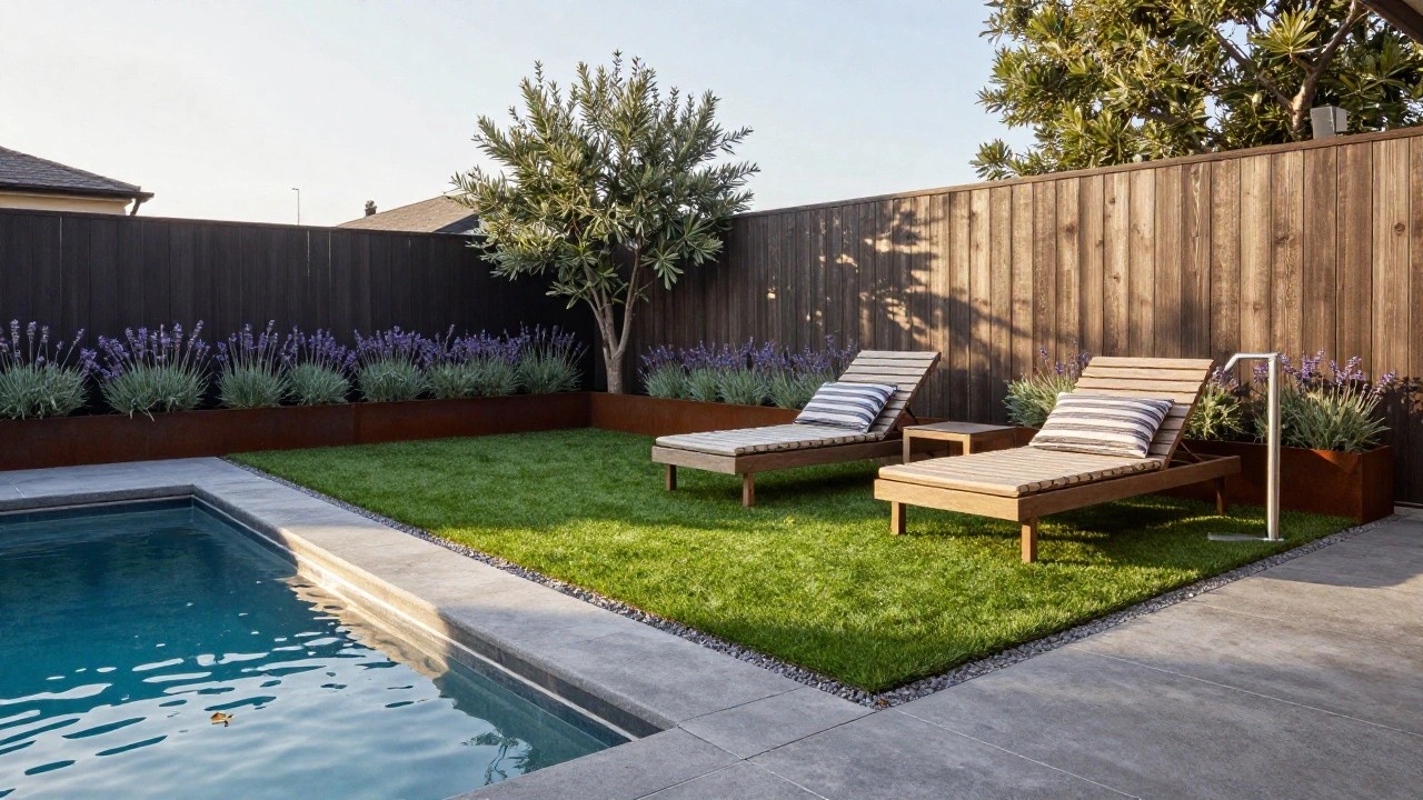 Turquoise pool with concrete coping bordered by green artificial turf, wooden loungers with striped cushions nearby, metal planters filled with lavender, and a wooden fence in the background.
