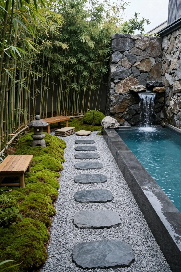 A narrow rectangular pool with black edging and a stone waterfall, bordered by a gravel path lined with irregular flat dark stepping stones and moss ground cover, plus bamboo fencing, a stone lantern, benches, and rock walls in a landscaped garden area.