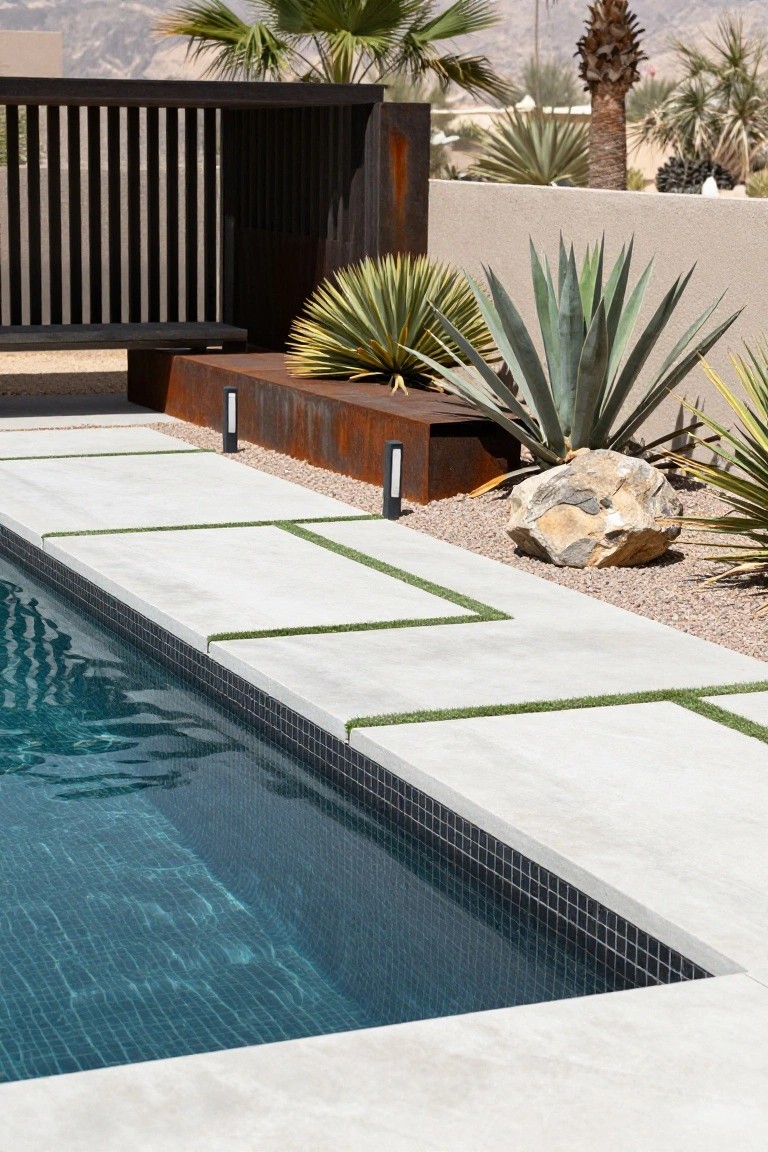 Close-up of a pool edge with light gray concrete decking inset with parallel green artificial turf strips, black mosaic pool tiles, rusted metal planters, agave plants, and gravel in a desert landscape.