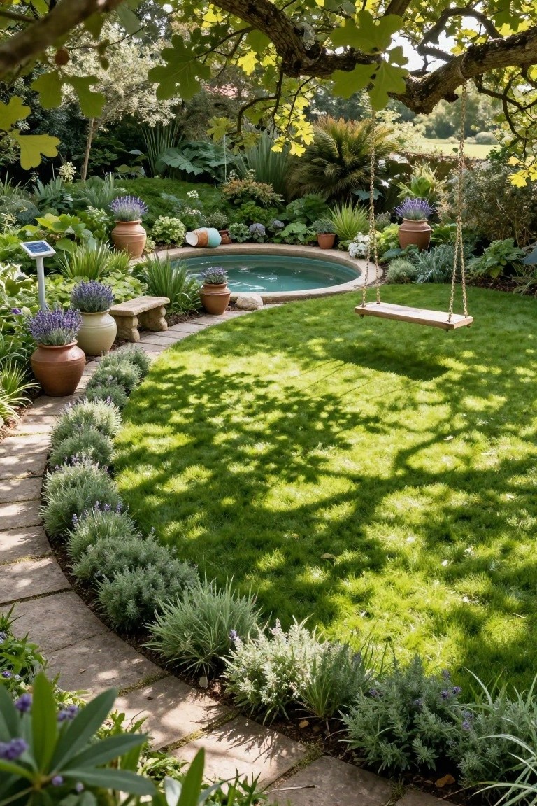 Small turquoise round pool in a garden surrounded by green turf lawn edged with lavender plants, stone path, hanging wooden swing, and various potted plants under tree shade.