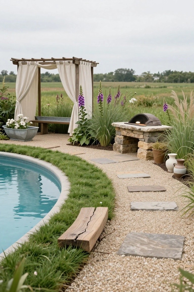 Curved turquoise pool edged with low green turf grass along a gravel path with irregular stone stepping stones, flanked by tall ornamental grasses, foxglove flowers, a pergola with white curtains, a metal bench, galvanized planters, and a stone pizza oven.