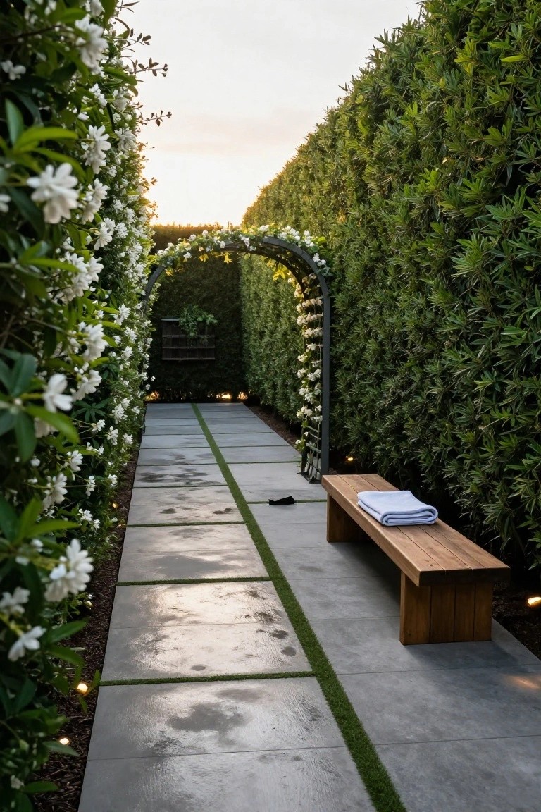Narrow outdoor pathway of gray rectangular pavers with thin green turf strips between them, lined by tall green hedges with white gardenia flowers, a black metal arch draped in white blooms, a wooden bench with white towel, and ground lights at dusk.