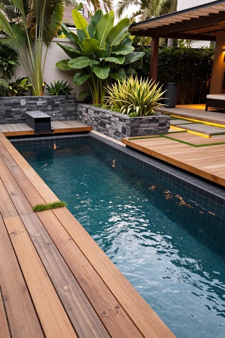Narrow rectangular pool with dark mosaic tiles and turquoise water, surrounded by wooden decking with small grass tufts along the edges, tropical plants, stone walls, and lit paths.