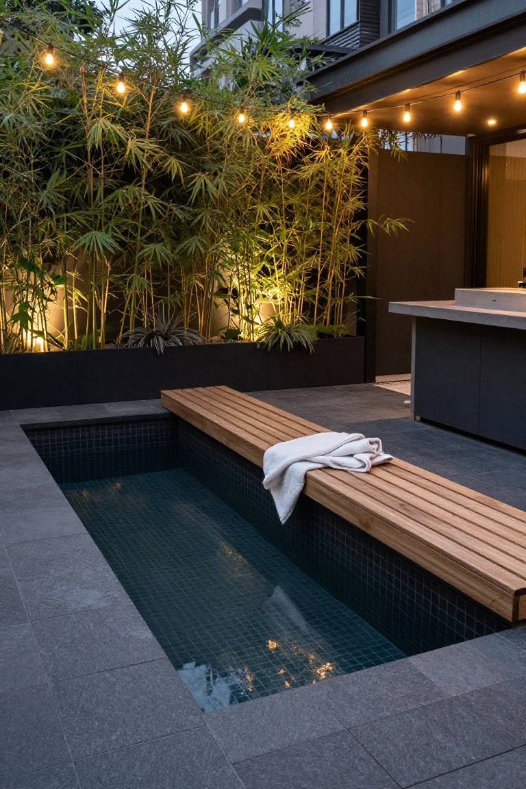 Small rectangular plunge pool with dark mosaic tiles and water, wooden bench seat along one edge with white towel draped over it, surrounded by black stone paving, bamboo plants, and an outdoor kitchen in the background.