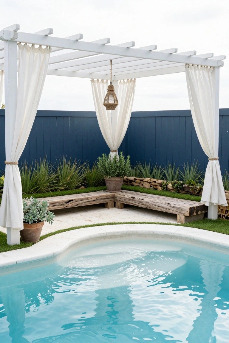 White wooden pergola with sheer curtains, hanging lantern, and weathered bench beside a curved turquoise pool edged in turf, with potted plants, grasses, and blue fence in the background.