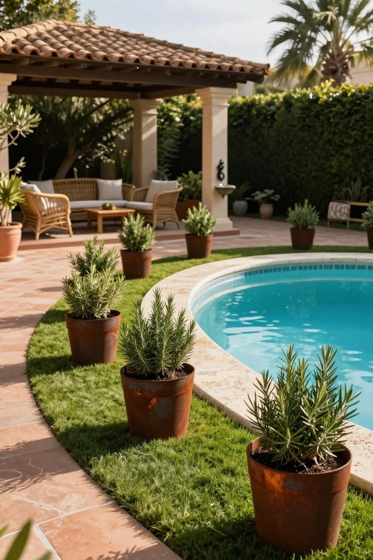 Curved turquoise swimming pool surrounded by green turf lawn edged with rosemary plants in rusted metal pots, terracotta paver path, additional potted plants, wicker outdoor seating under a pergola, and hedge privacy wall.