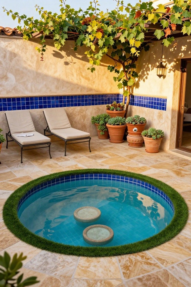 Circular blue-tiled pool with artificial green turf edging on a tan stone patio, flanked by two beige lounge chairs, terracotta pots of succulents, and beige stucco walls with blue tile accents under a vine-covered pergola.