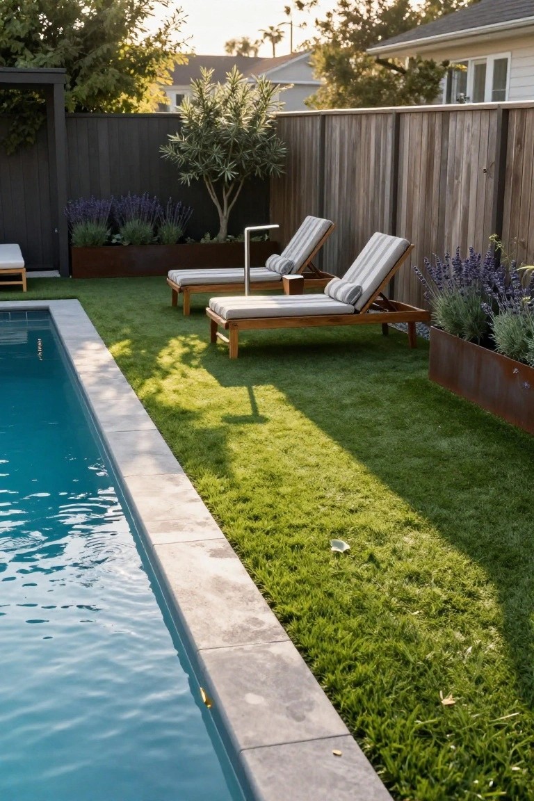 Turquoise pool with concrete coping bordered by green artificial turf, wooden loungers with striped cushions nearby, metal planters filled with lavender, and a wooden fence in the background.
