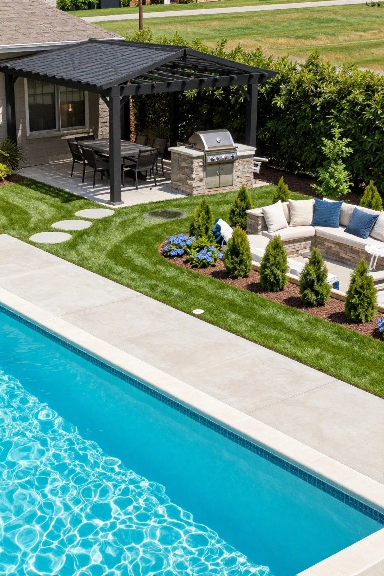Overhead view of a backyard pool next to a pergola-covered patio with stone barbecue island, wicker dining table and chairs, beige L-shaped sectional sofa around a fire pit, green turf lawn with concrete stepping stones, dwarf arborvitae trees lining the pool, hydrangea bushes, and hedges.