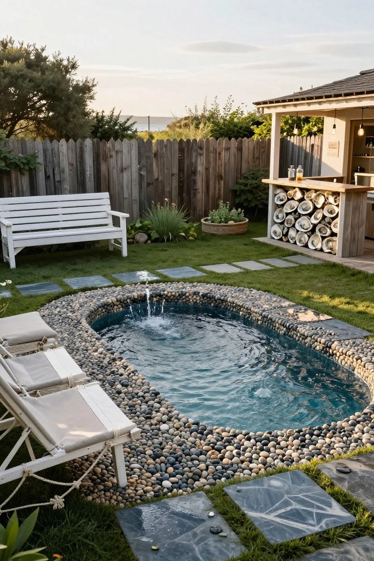 Oval turquoise pool with pebble surround and central fountain, turf grass paths with slate stepping stones, white lounge chairs, wooden bench, and bar structure in a fenced backyard with plants and trees.