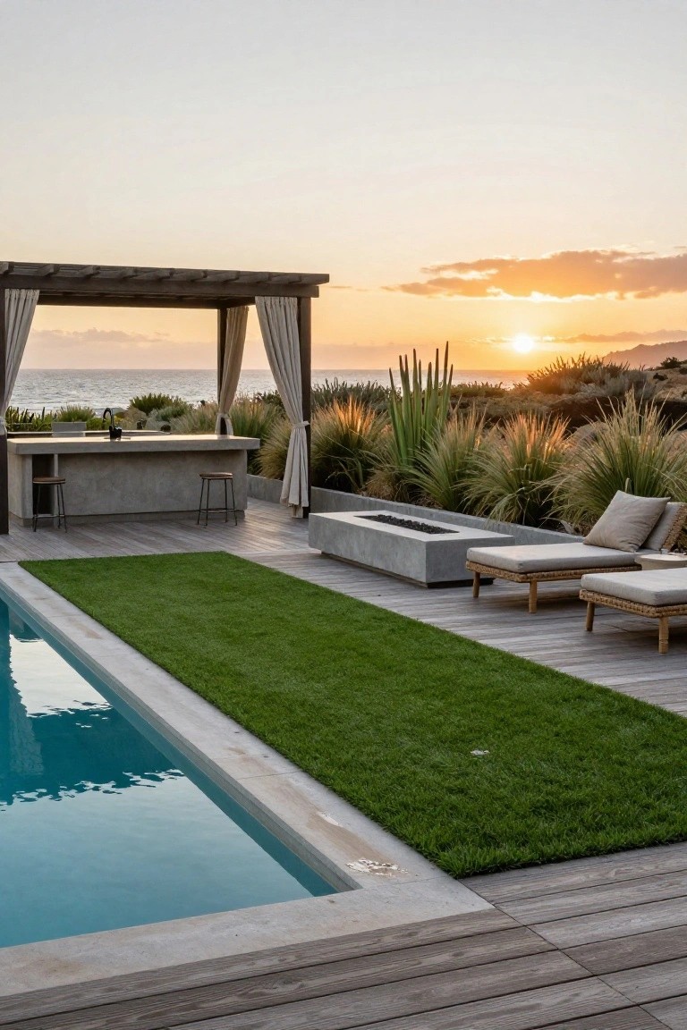 Poolside deck with green artificial turf runner along the edge, wooden decking, concrete bar and fire pit, lounge chairs, pergola with drapes, native plants, and ocean view at sunset.
