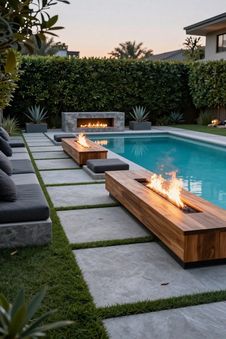 Poolside pathway of gray concrete pavers with green turf strips between them, wooden benches with built-in fire pits along the turquoise pool edge, gray cushions on loungers, stone fire feature nearby, agave plants, hedges, and grass yard.