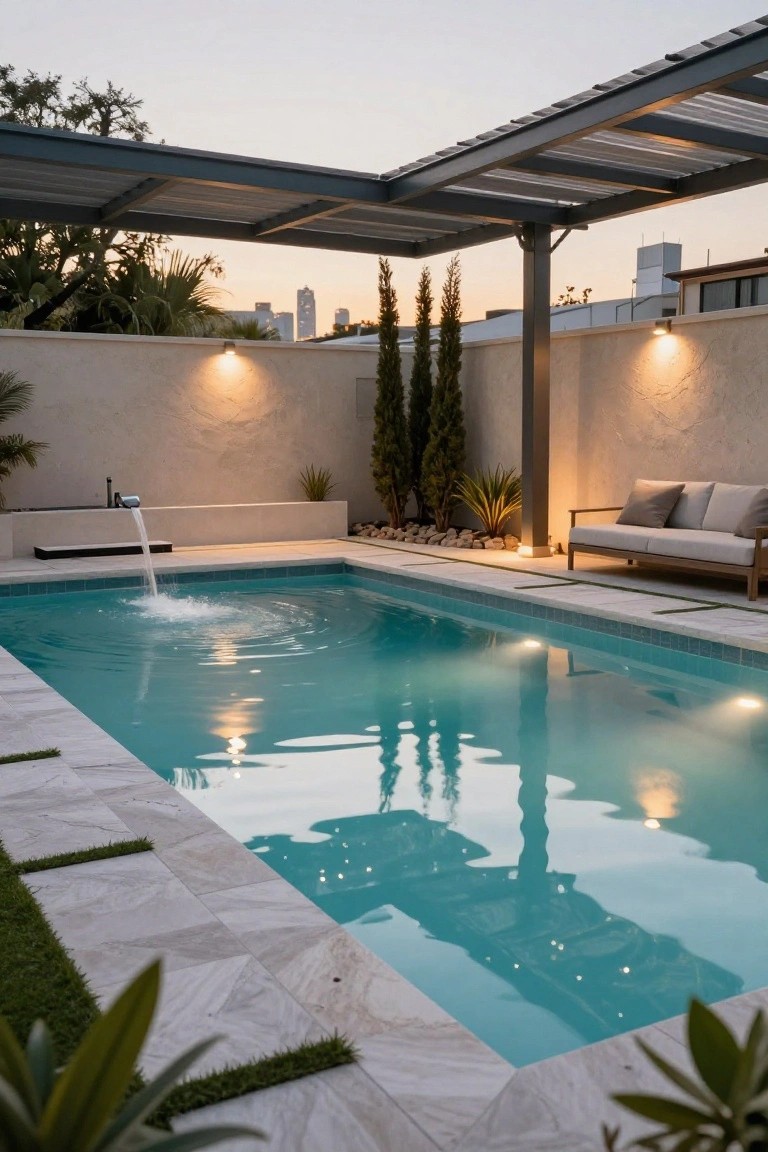 Rectangular turquoise pool with water pouring from a wall fountain, surrounded by light gray stone decking with narrow green turf strips along the edges, a beige outdoor sofa nearby under a metal pergola, tall plants and trees against beige walls, lit at dusk.