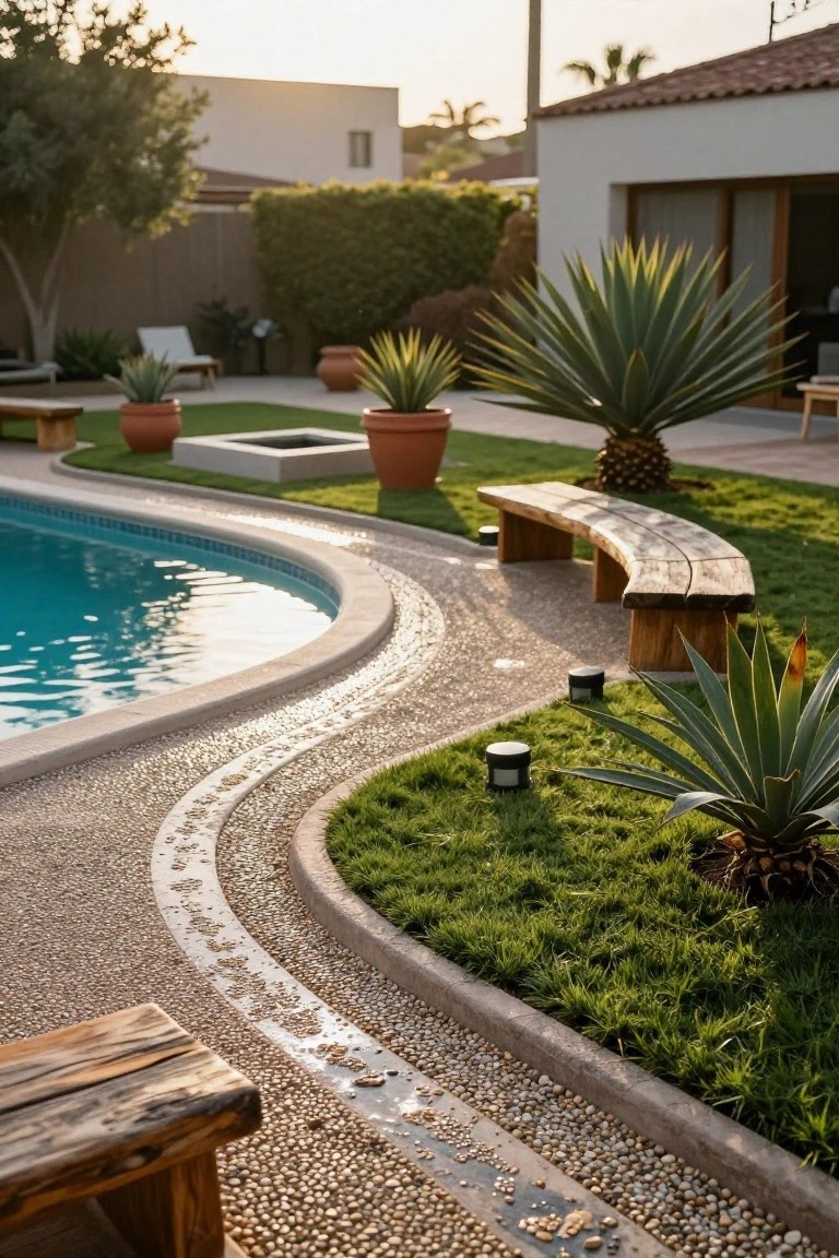 Curved turquoise swimming pool with beige pebble path edged by narrow turf grass strips, adjacent green grass patches, agave plants, wooden benches, and terracotta pots in a backyard.