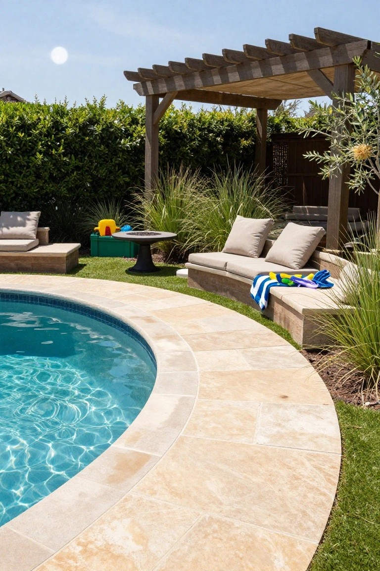 Curved turquoise swimming pool with light beige stone decking edged by green turf strips and ornamental grasses, wooden pergola with bench seating and fire table nearby.
