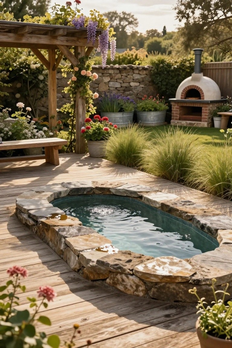 Oval turquoise hot tub with natural stone rim embedded in a wooden deck surrounded by pampas grass, flowers, and turf lawn, with a pergola, bench, and pizza oven nearby.