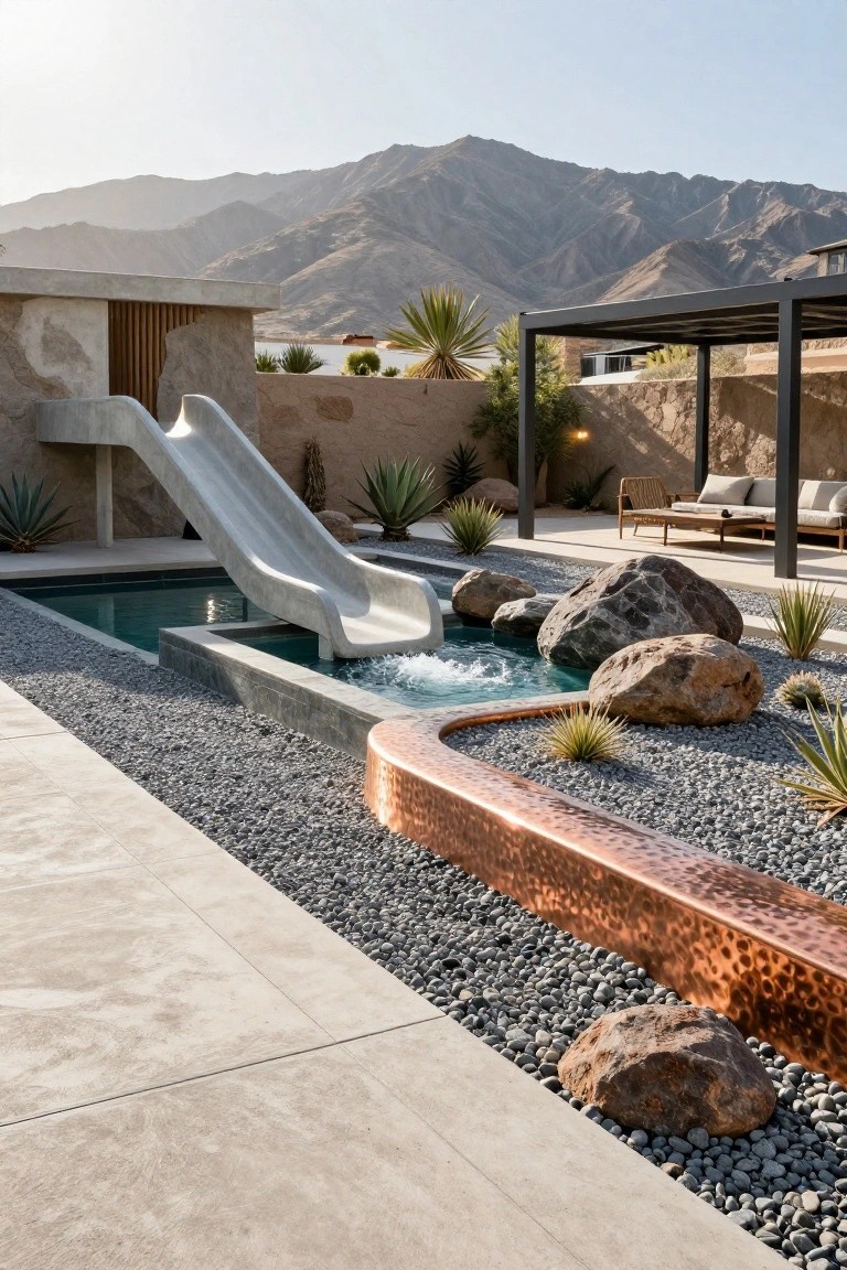 Small rectangular pool with white concrete slide emptying into it, surrounded by large boulders, black gravel ground cover, agave plants, copper edging, and desert mountains in the background.