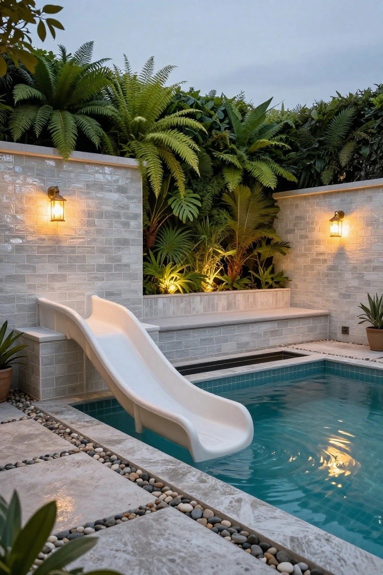 Small turquoise-tiled pool with white slide entering from gray brick wall platform, surrounded by lush green ferns, palms, and potted plants, with pebble edging and wall lanterns.