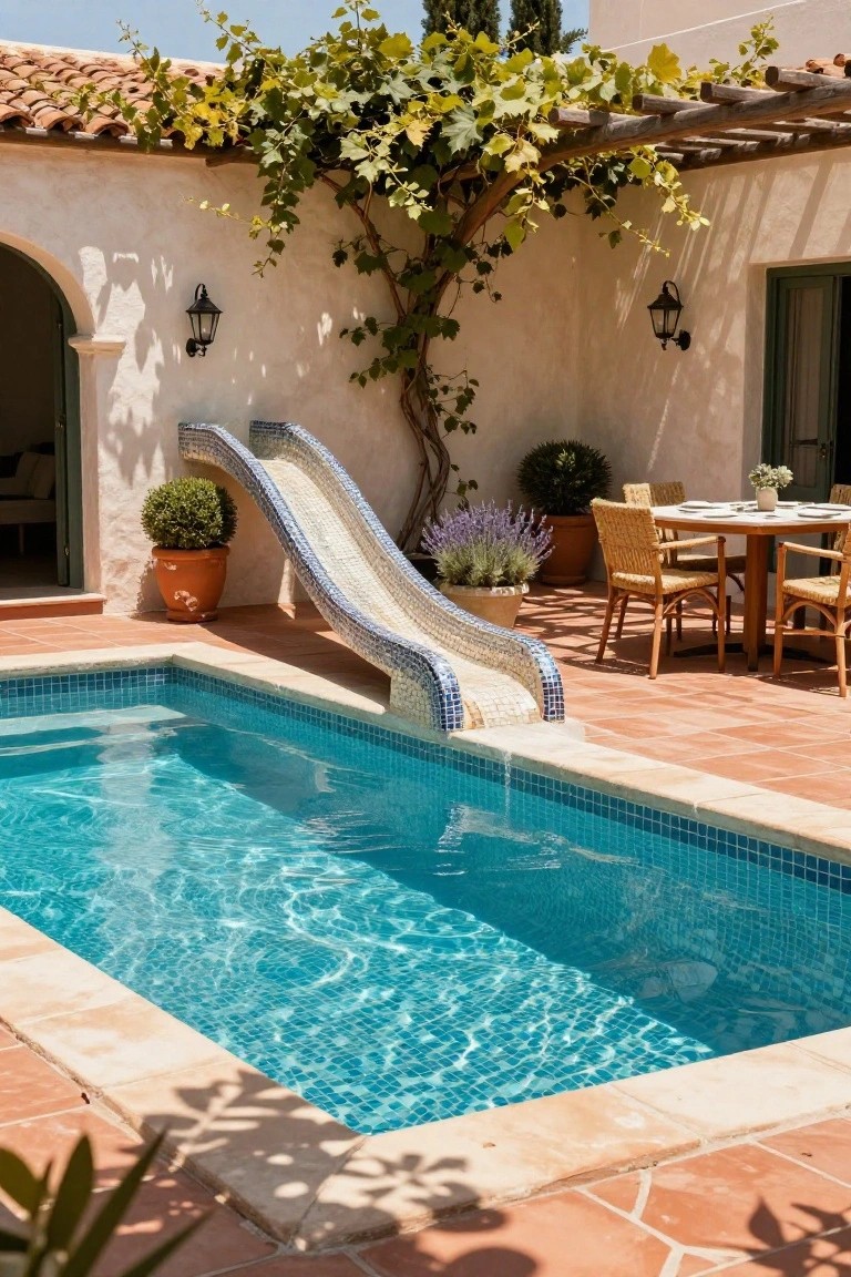 Rectangular pool with bright blue tiles and a curved white mosaic slide flowing into one end, surrounded by terracotta paving, potted plants, wicker dining set, and climbing vines on stucco walls with arched doorways.