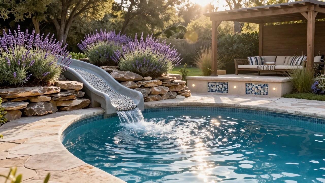 Backyard pool with a gray pebble waterslide integrated into stacked natural stone walls, surrounded by lavender plants, ornamental grasses, potted agave, and a pergola lounge area on a travertine patio.