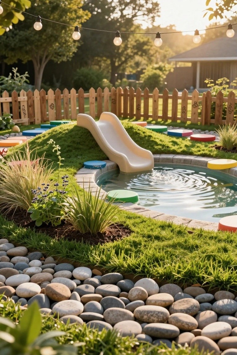 Backyard with a white slide on a grassy mound leading into a small round blue pool, surrounded by colorful circular foam stepping stones, plants, pebbles, a picket fence, trees, and string lights at sunset.