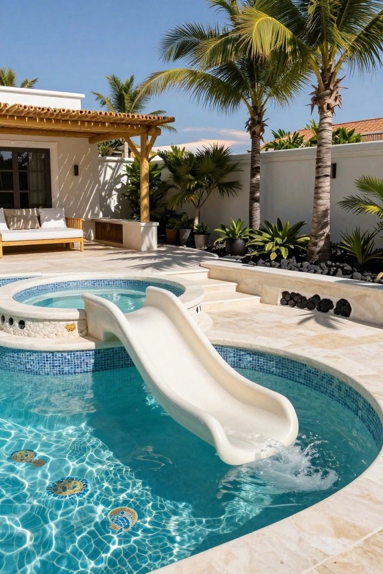 Curved backyard pool with adjacent round blue-tiled hot tub featuring a white slide entering the water, surrounded by palm trees, beige stone decking, wooden pergola, and tropical plants.