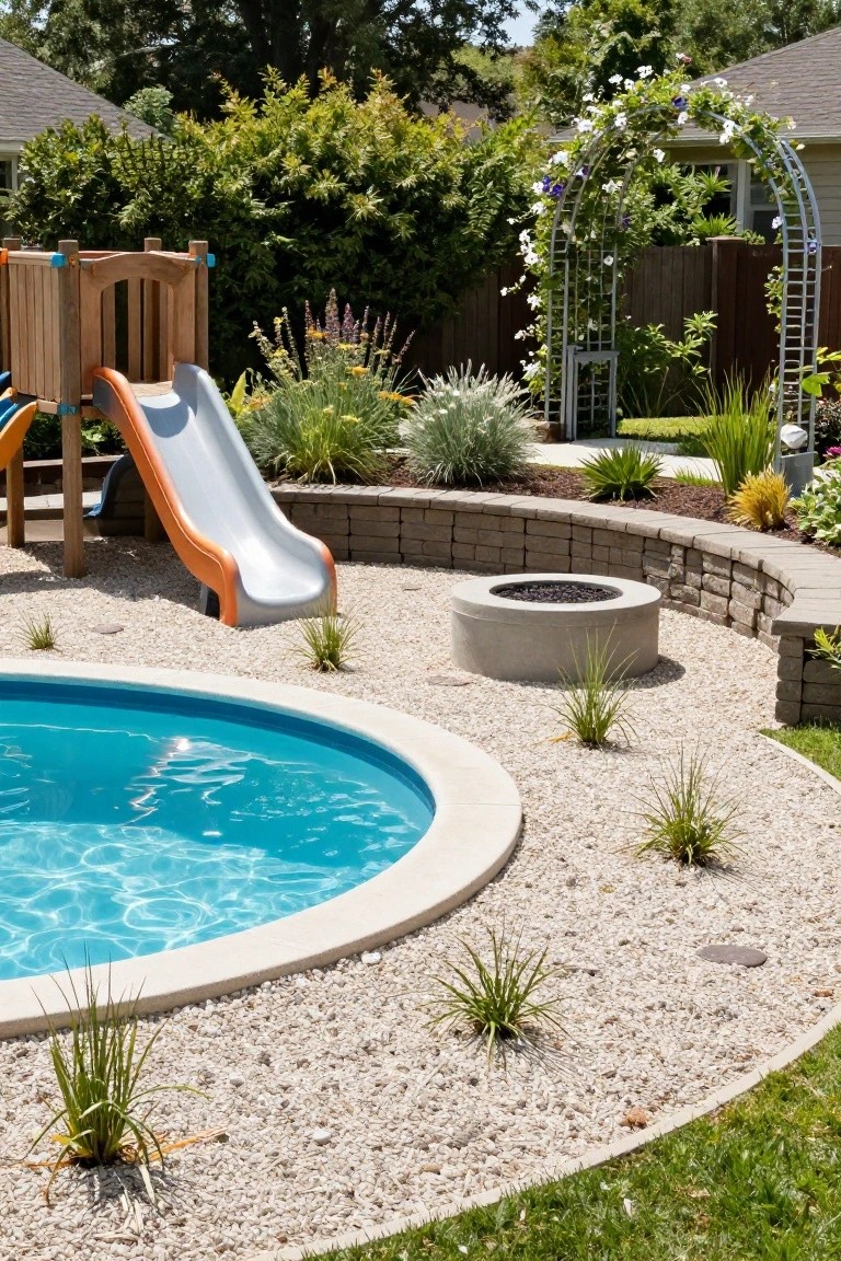 Curved blue swimming pool in a backyard with adjacent wooden playground structure and orange slide, concrete fire pit, gravel ground cover, low ornamental grasses, curved retaining wall, and wooden fence in the background.
