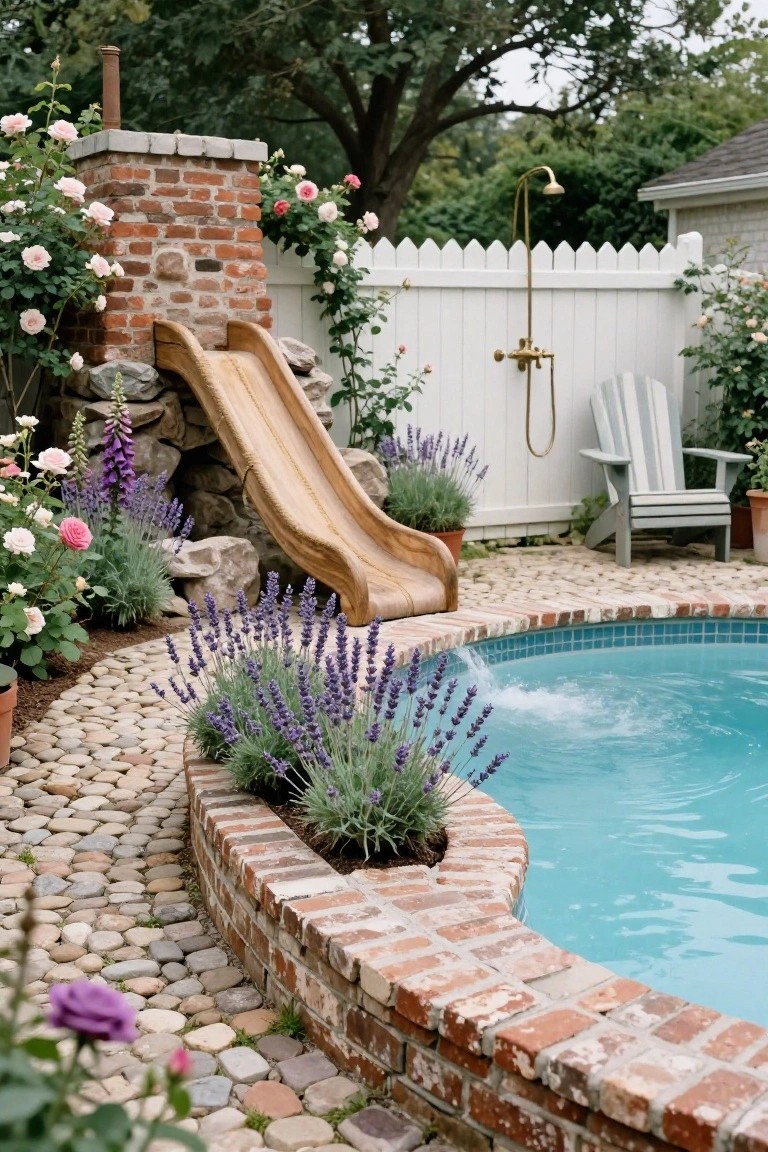 Curved wooden slide on a brick and rock platform descends into a turquoise tiled pool, with surrounding lavender plants, roses, pebble paths, outdoor shower, Adirondack chair, and white picket fence in a garden setting.
