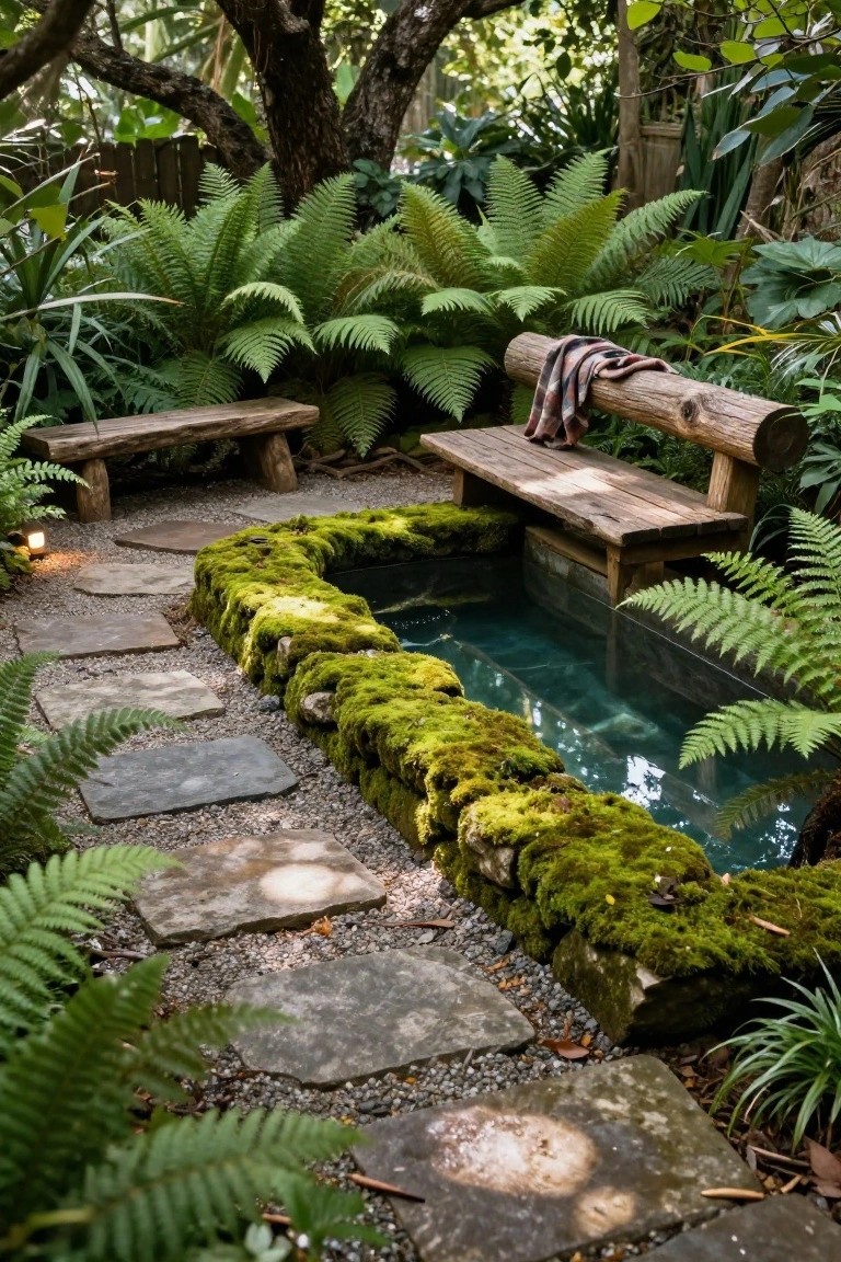 Lush tropical garden with moss-covered wooden slide descending into turquoise pool, surrounded by ferns, palms, stone path, wooden bench with plaid blanket, and garden lights.