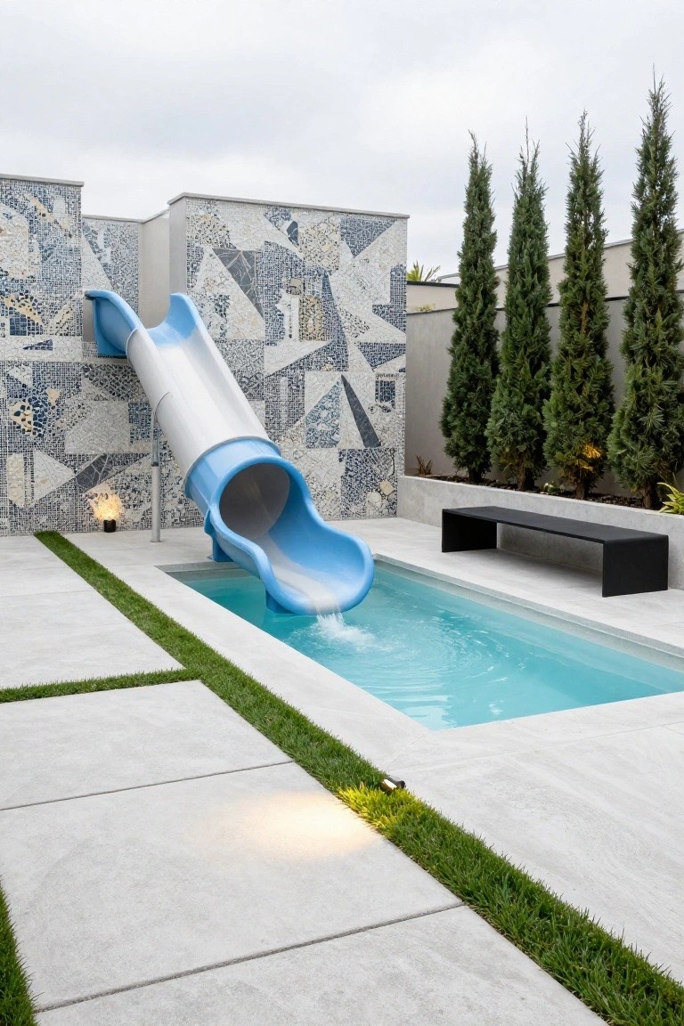 Narrow rectangular swimming pool with water splashing from a tall curving white and blue slide attached to mosaic-tiled walls, concrete paving, grass strips, tall cypress trees, and a black bench nearby.