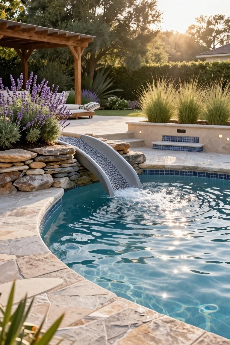 Backyard pool with a gray pebble waterslide integrated into stacked natural stone walls, surrounded by lavender plants, ornamental grasses, potted agave, and a pergola lounge area on a travertine patio.
