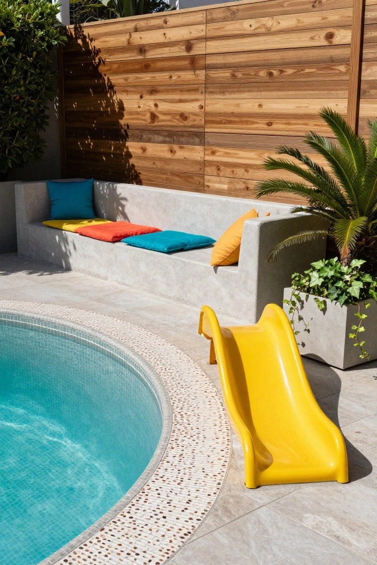 A yellow curved slide positioned at the edge of a round turquoise mosaic-tiled pool with pebble border, next to a gray concrete bench with blue, yellow, orange, and teal cushions, wooden slatted fence, palm plants, and ivy in pots nearby.