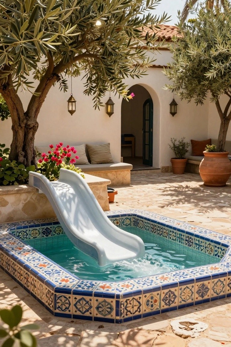 Small turquoise plunge pool with white slide emptying into it, edged in blue and orange patterned tiles, set in a sunny courtyard with white stucco walls, olive trees, potted plants, and terracotta pots.