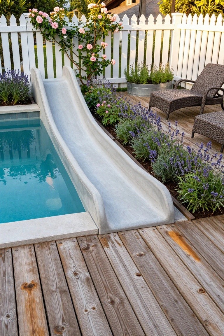 Small turquoise pool with tall curving white slide emptying into it, bordered by lavender plants and pink climbing roses on white picket fence, wooden deck with two wicker loungers nearby.